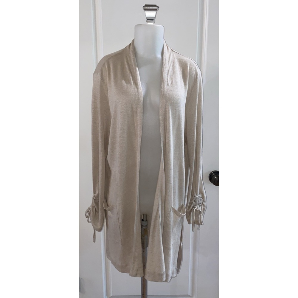 J Jill Love Linen‎ 100% Open Cardigan Cinch Sleeves Pockets Size Large Beige